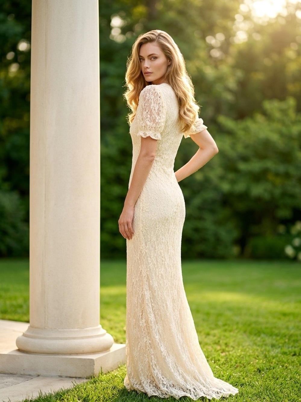Astr Cream Lace V-Neck Maxi Dress with Puff Sleeves - Picture 2 of 3
